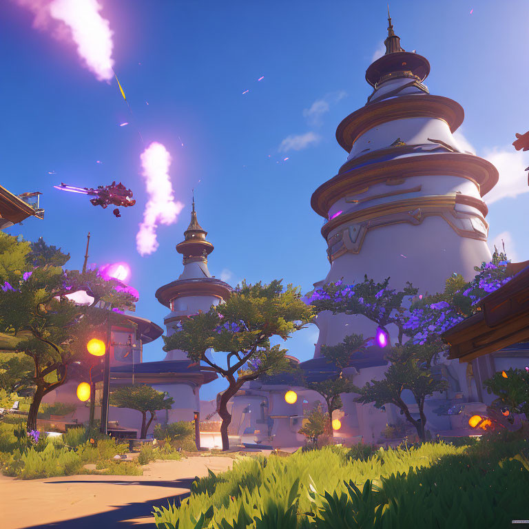 Colorful pagoda-style buildings in lush setting with floating orbs and blue sky