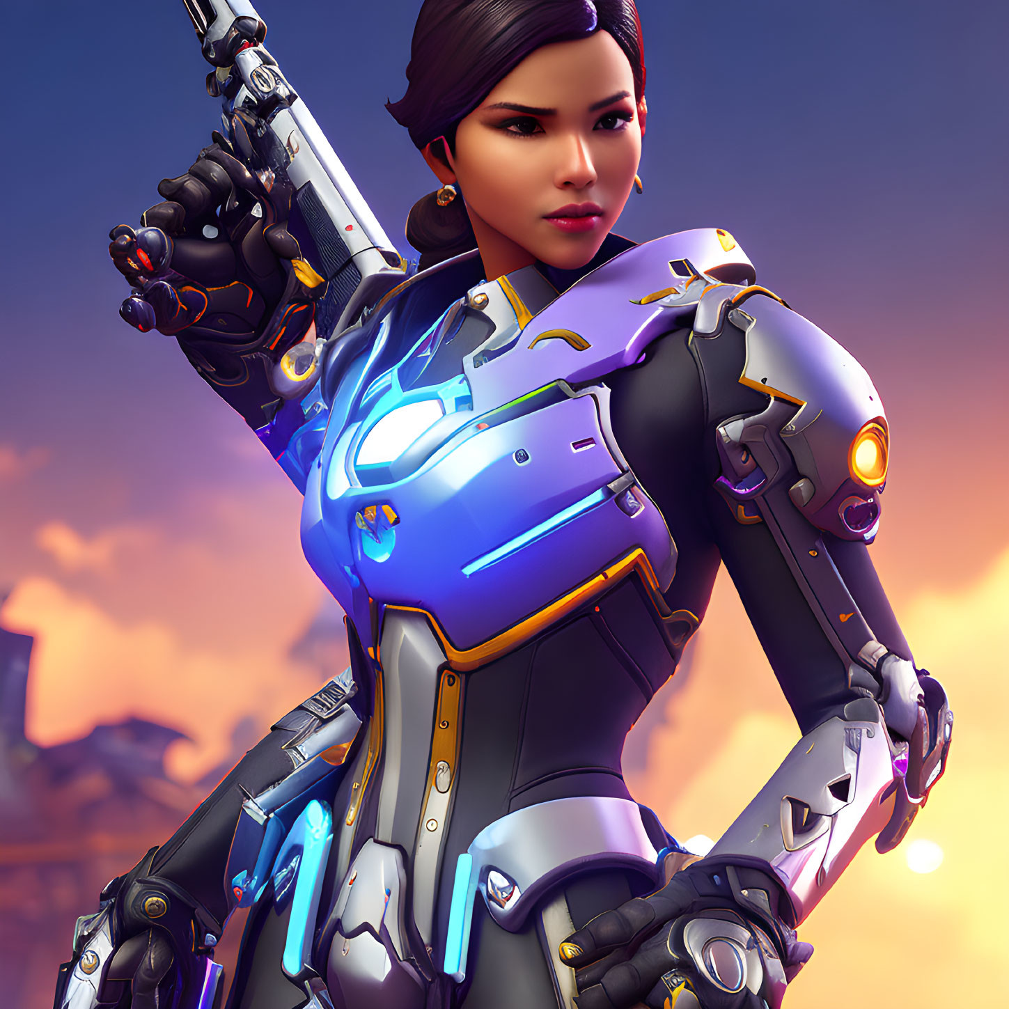 Short-haired female animated character in futuristic armor suit under dusk sky