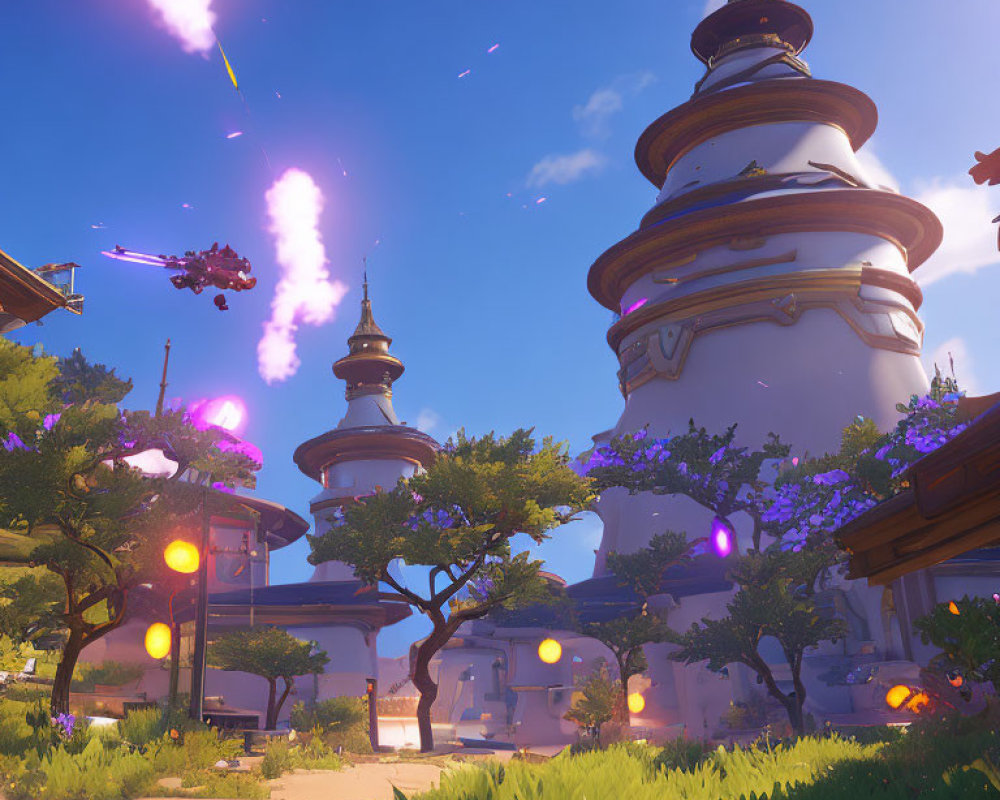 Colorful pagoda-style buildings in lush setting with floating orbs and blue sky