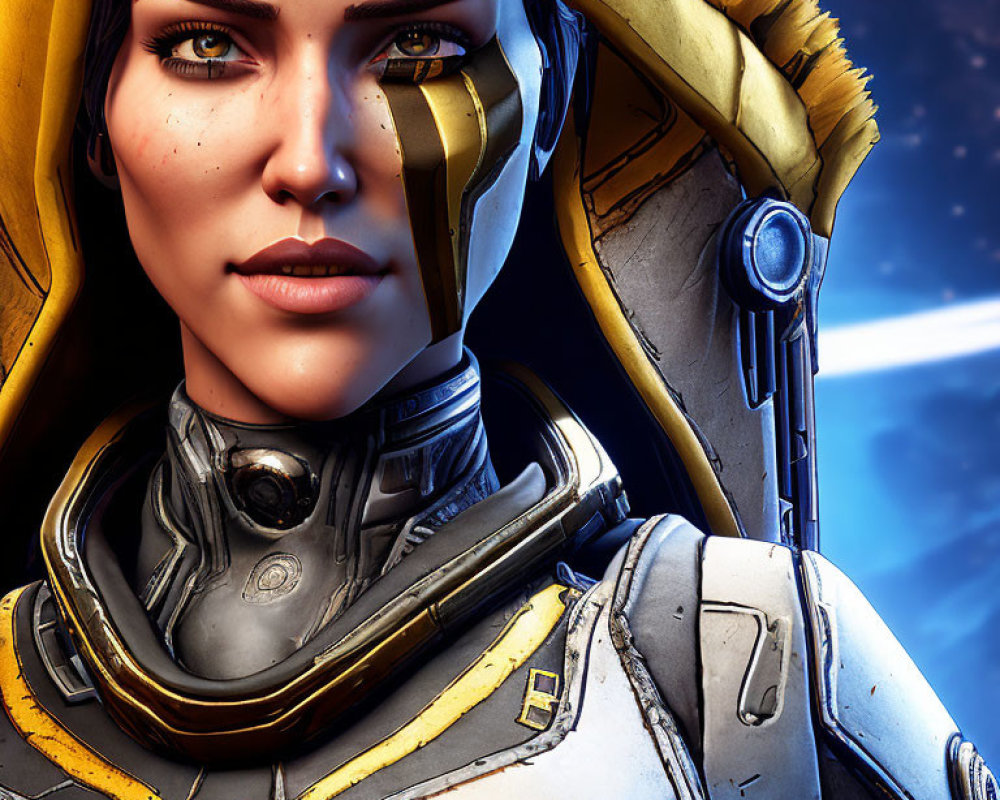 Digital portrait of a woman in futuristic space suit with yellow collar, brown hair, green eyes, and