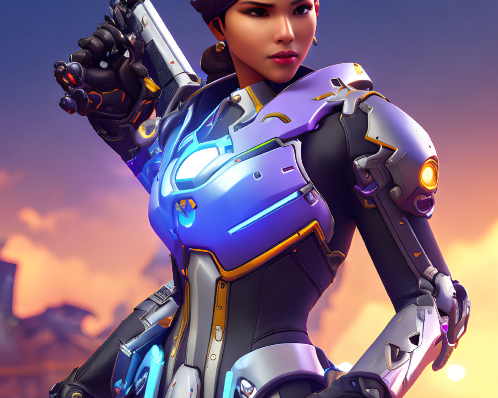 Short-haired female animated character in futuristic armor suit under dusk sky