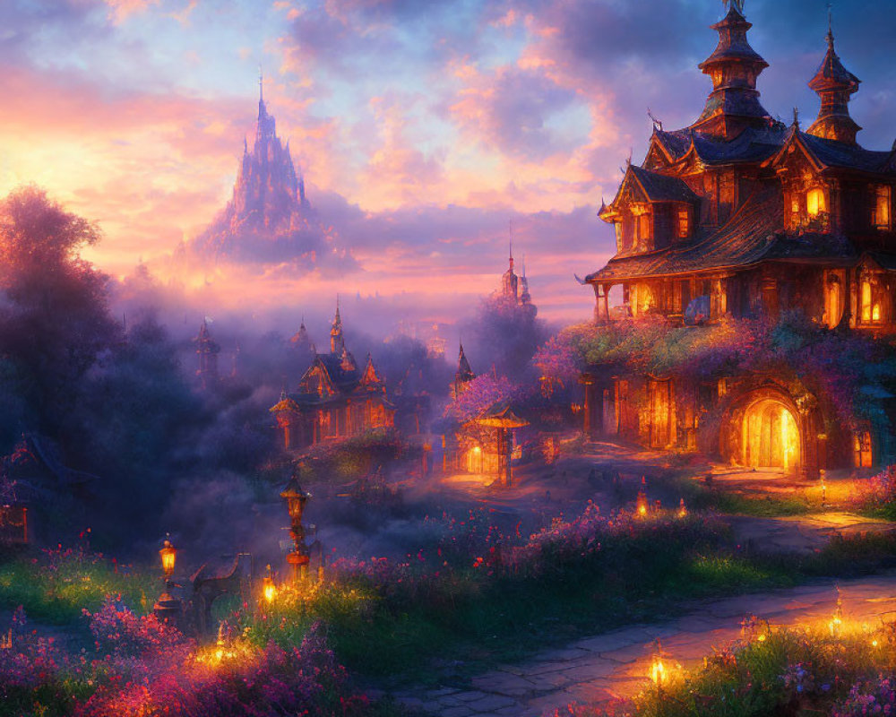 Illuminated fantasy landscape with ornate buildings, blooming gardens, misty ambiance, and distant