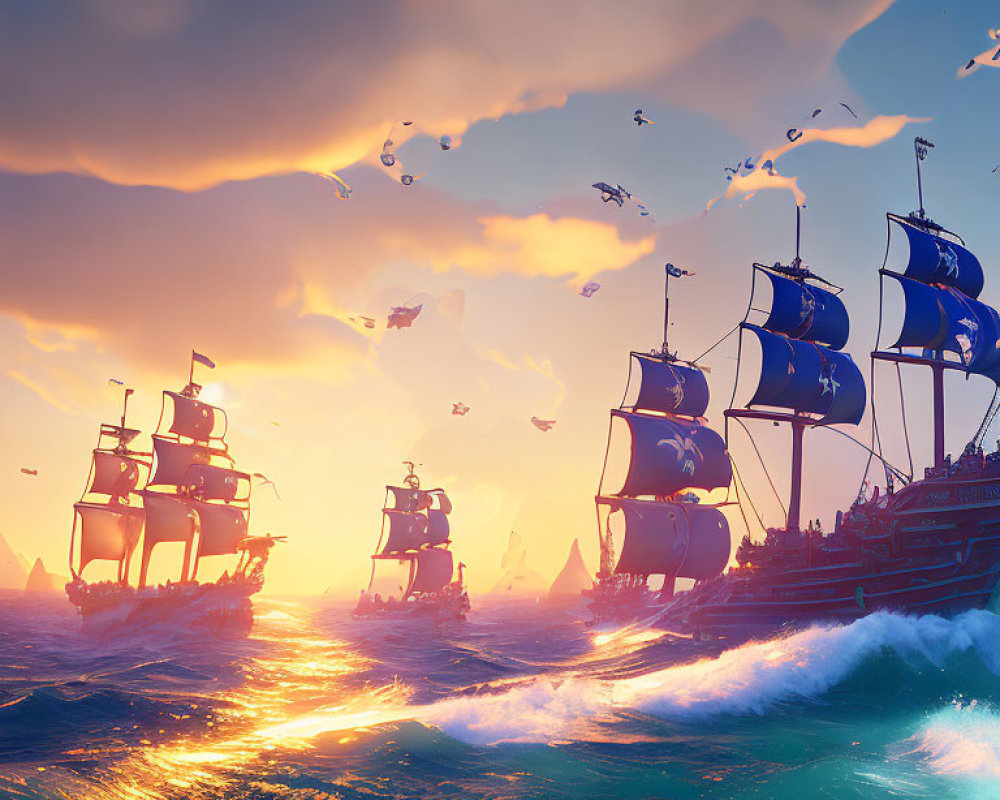 Sailing ships with blue sails on golden ocean at sunset