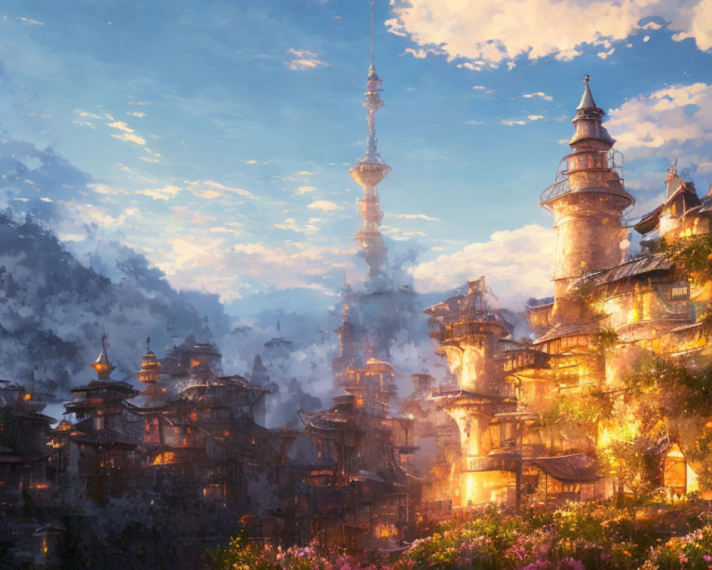Fantasy cityscape at sunset with towering spires and illuminated buildings