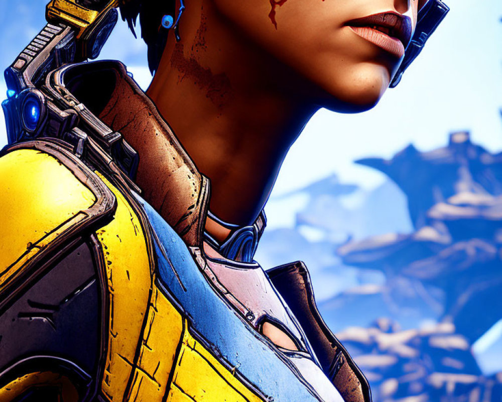 Stylized animated female character with cybernetic elements in yellow armor and blood splatters
