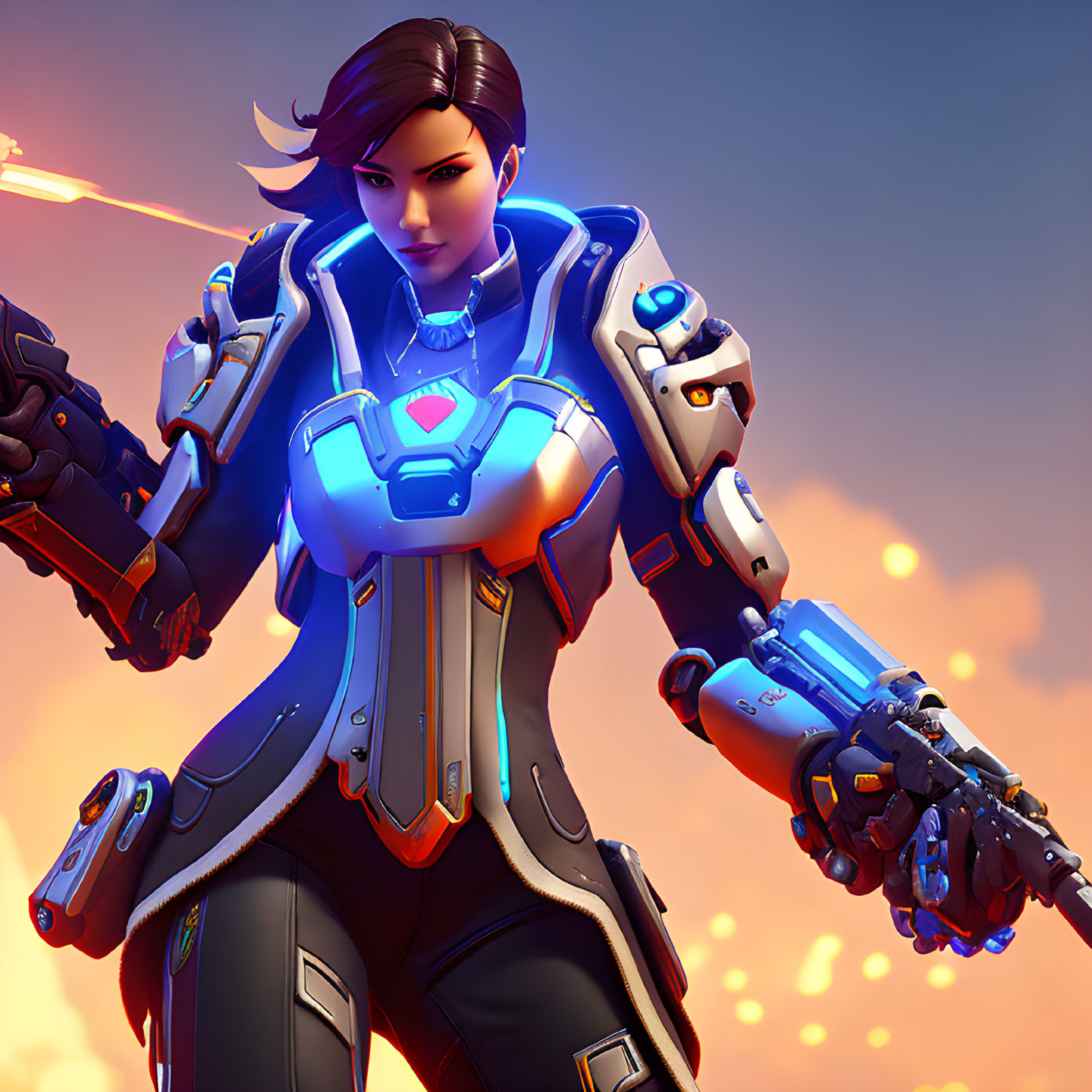 Futuristic 3D Animated Female Character in Blue and White Armor with Energy Pistols