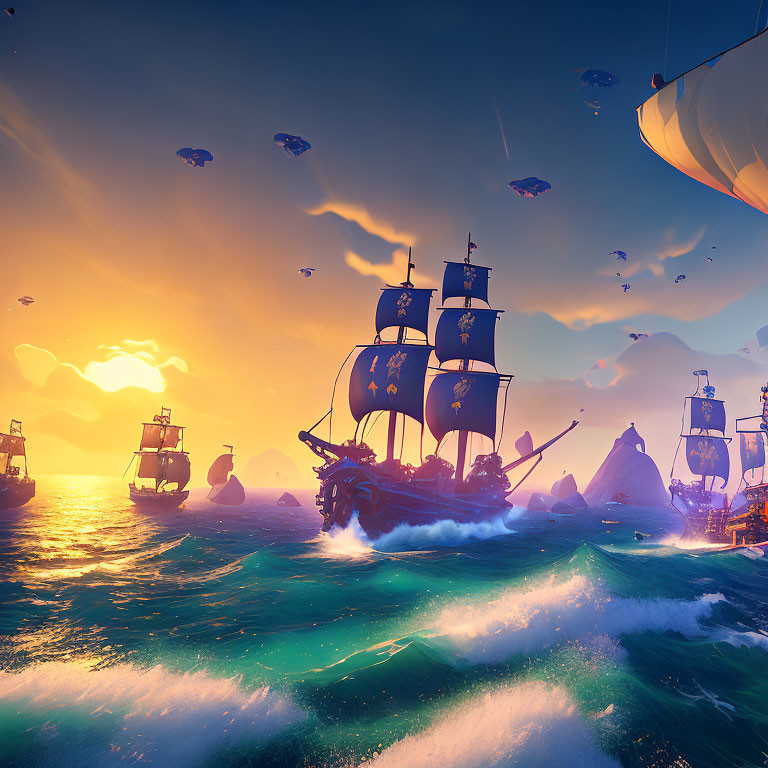 Pirate ships with black sails on vibrant ocean at sunset