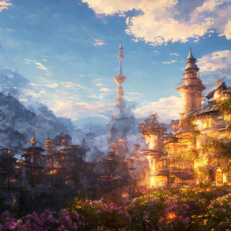 Fantasy cityscape at sunset with towering spires and illuminated buildings