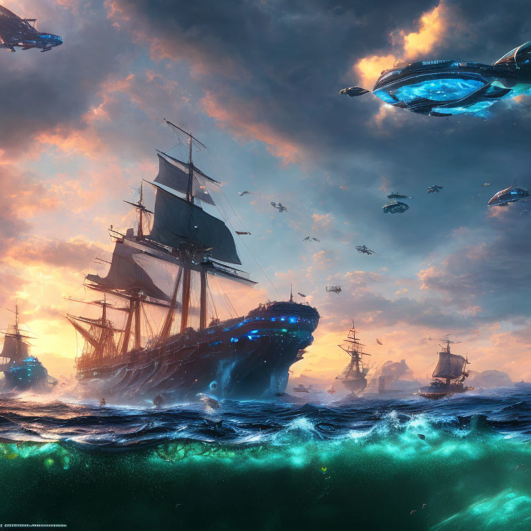 Sailing ships and futuristic flying vehicles under dramatic sunset sky