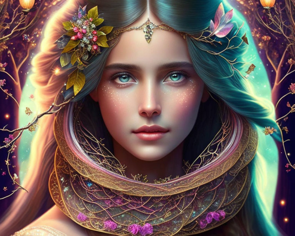 Ethereal woman with turquoise hair and flowers in mystical setting