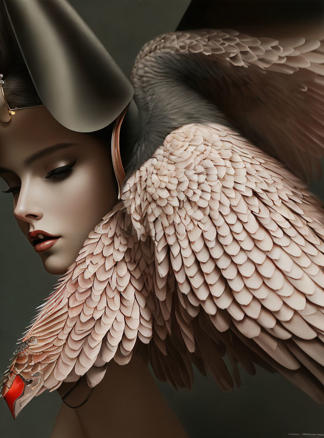 Digital Artwork: Woman with Angel Wings and Metallic Headdress