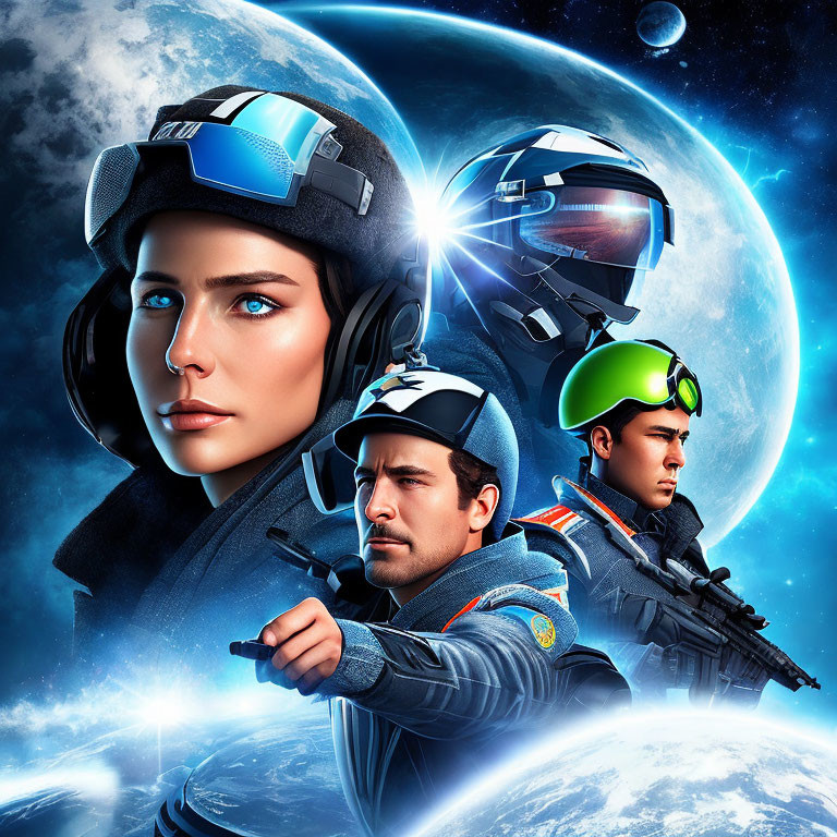 Three Space Officers in Futuristic Helmets Against Celestial Backdrop