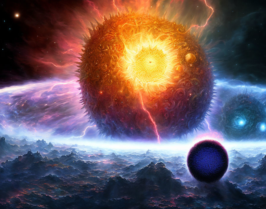 Fiery sun, celestial bodies, rocky terrain in vibrant cosmic scene