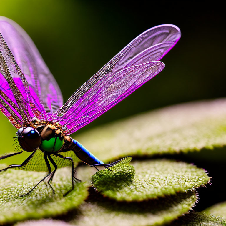 Iridescent Purple Dragonfly on Green Leaf Background