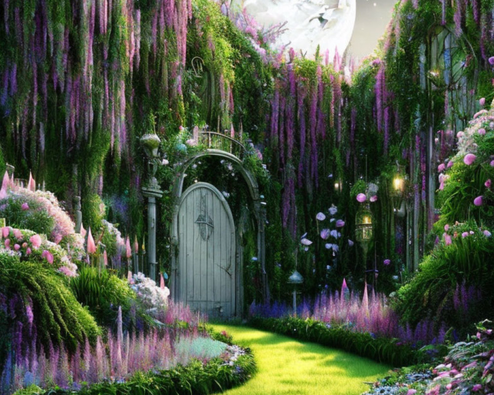 Moonlit Twilight Garden with Ornate Gate & Purple Flowers