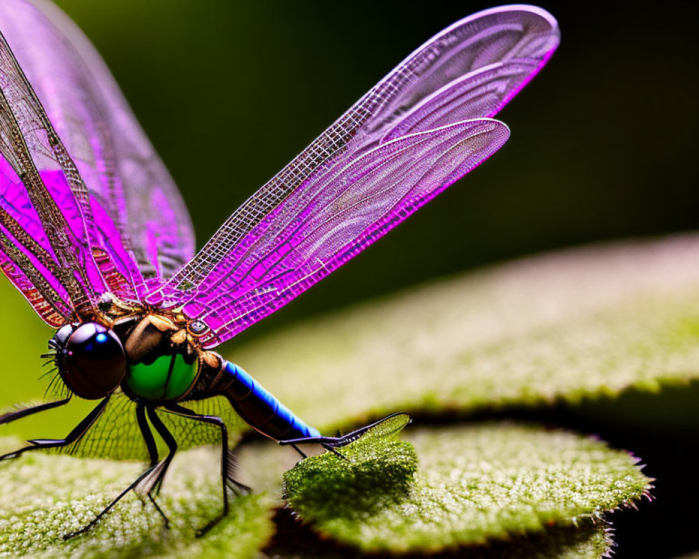 Iridescent Purple Dragonfly on Green Leaf Background