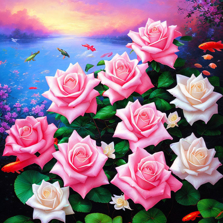 Colorful painting of pink roses, green foliage, and flying fish in a purple-pink sky
