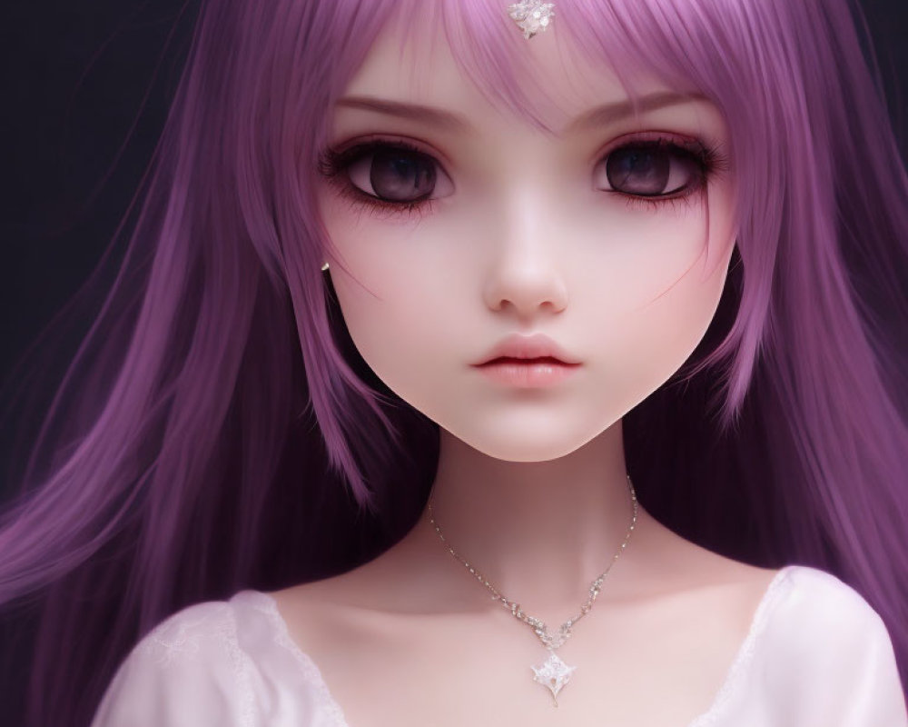 Digital portrait of female figure with purple hair, anime-style eyes, and star-shaped accessory
