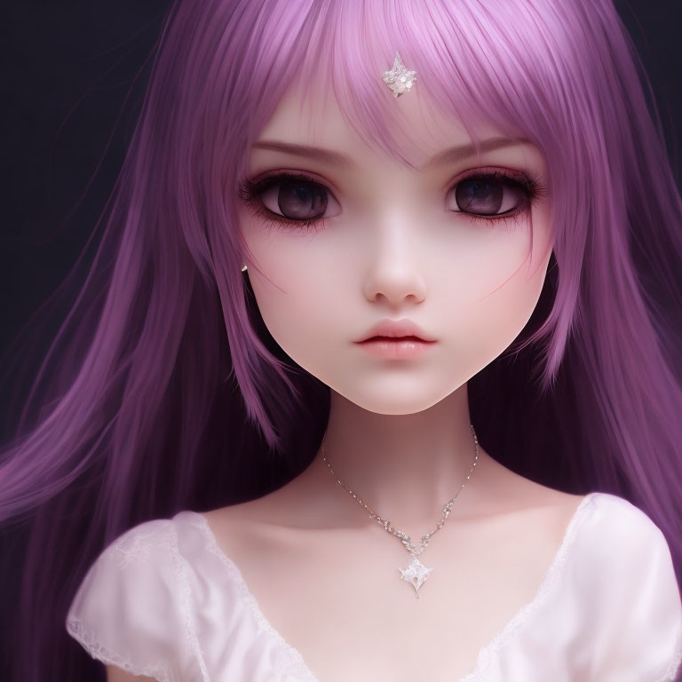 Digital portrait of female figure with purple hair, anime-style eyes, and star-shaped accessory