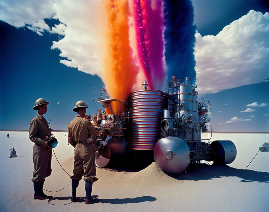 Industrial machine emitting colorful smoke observed by people in protective gear
