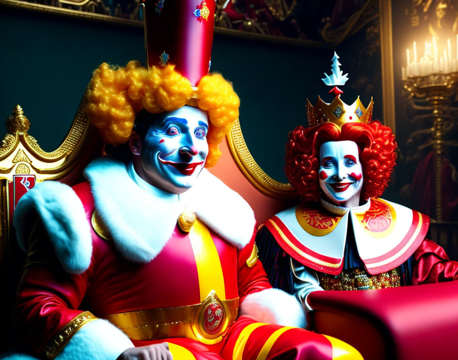 Clowns in King and Queen Costumes on Regal Thrones in Luxurious Room
