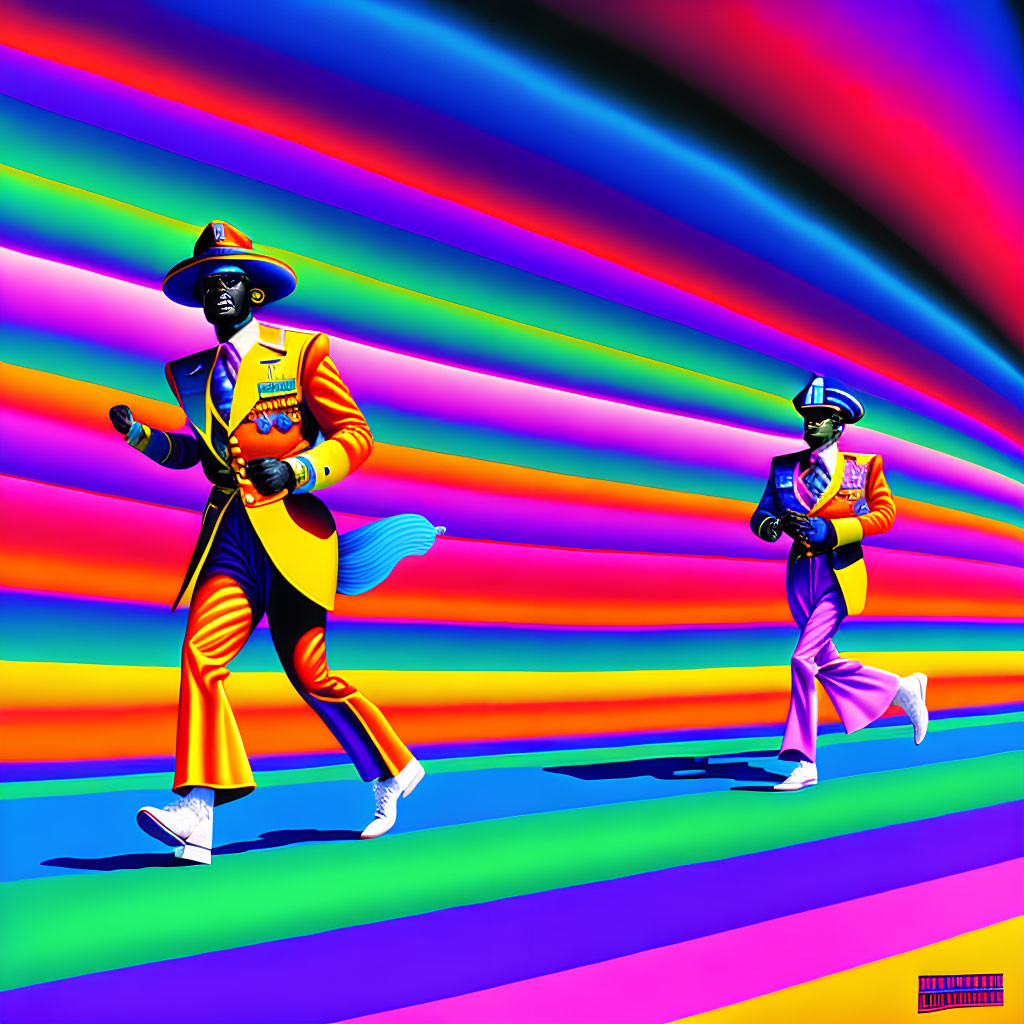 Colorful stylized figures in wide-brimmed hats on vibrant rainbow background