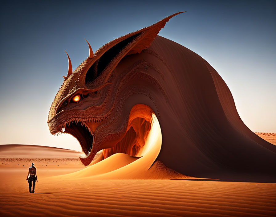 Fantastical desert dragon confronts person on horseback