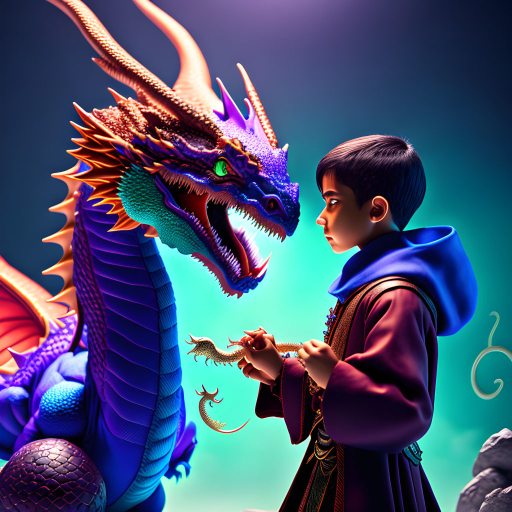 Boy in cape interacts with colorful dragon in dramatic lighting