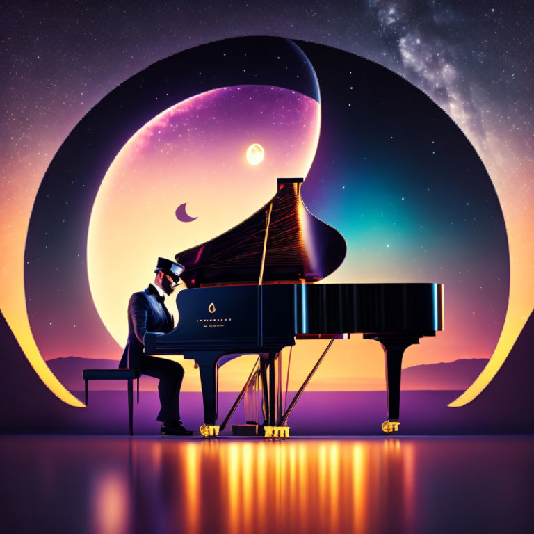 Person in hat playing grand piano under crescent moon in cosmic sunset scene