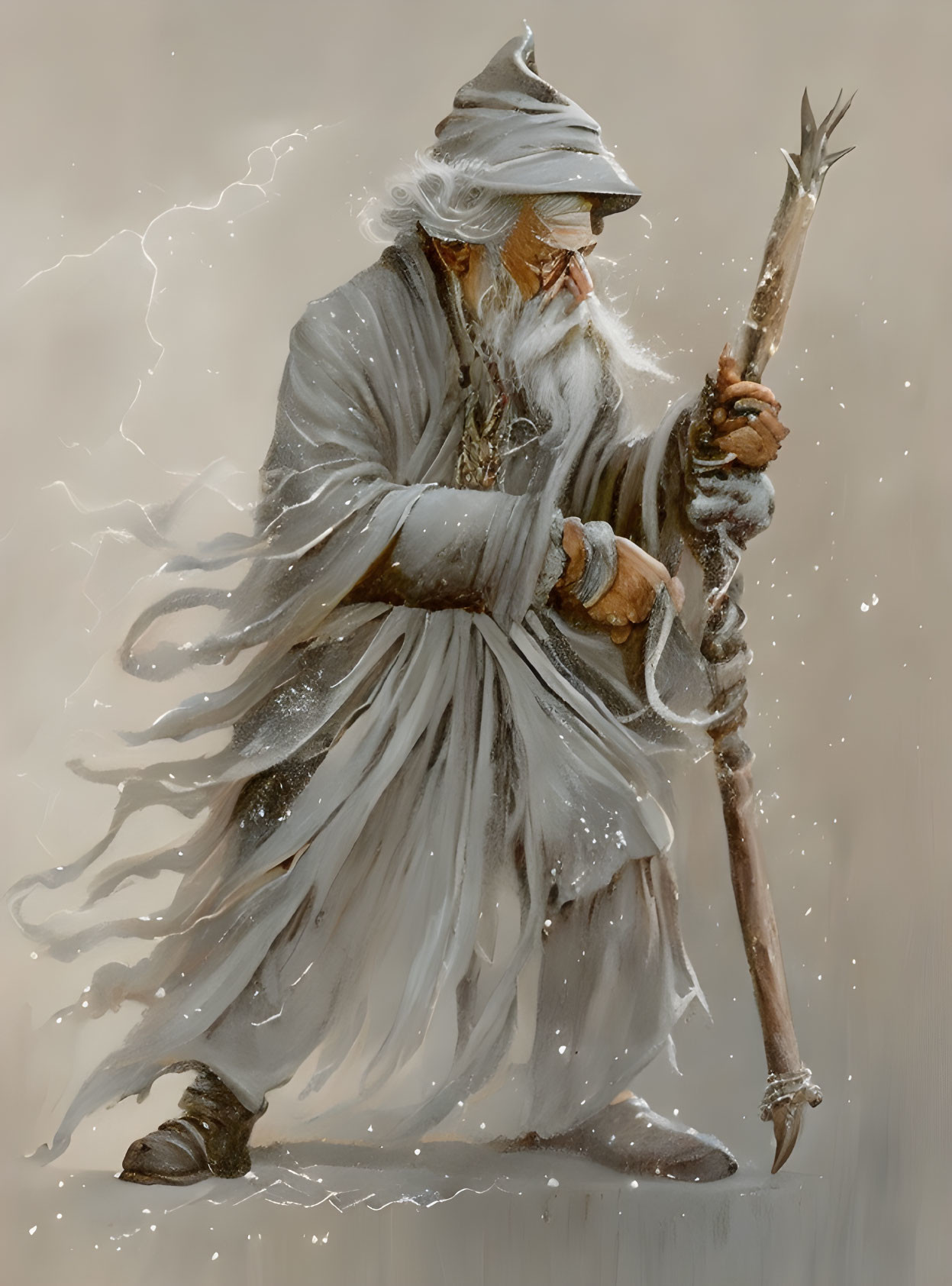 Elderly wizard in white robe with lightning background