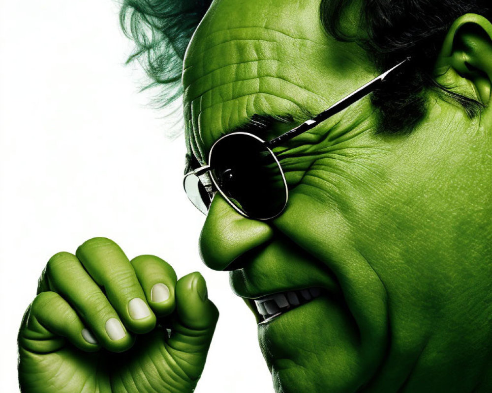 Intense green-skinned person with round sunglasses and clenched teeth.