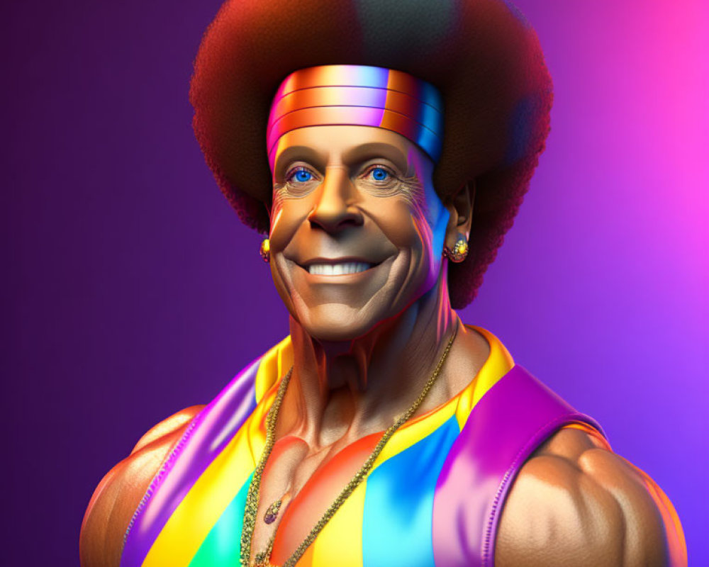 Colorful Smiling Muscular Figure in Afro and Headband on Purple Background