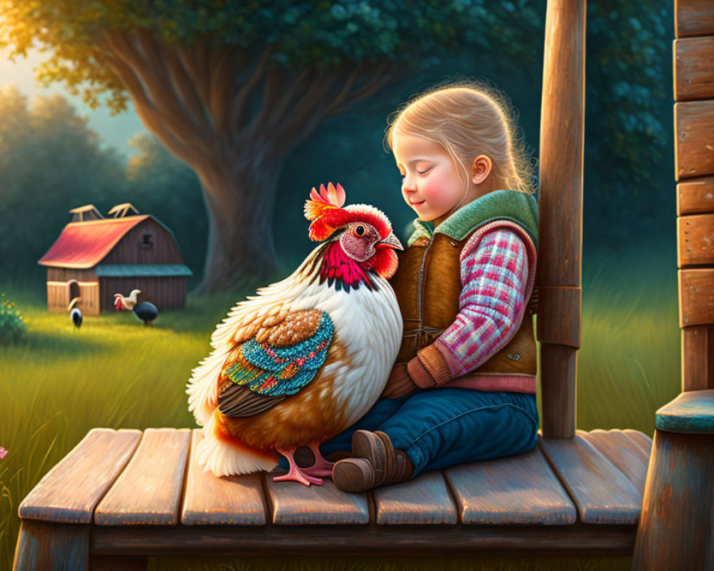 Young girl with colorful rooster on wooden bench in serene pastoral setting