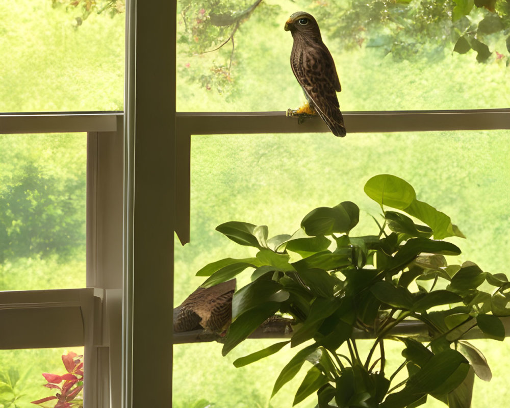 Bird of Prey Perched on Window Frame with Potted Plant and Green Background
