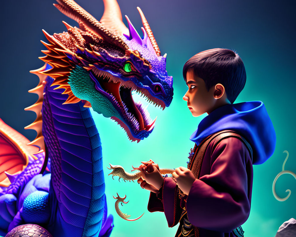 Boy in cape interacts with colorful dragon in dramatic lighting