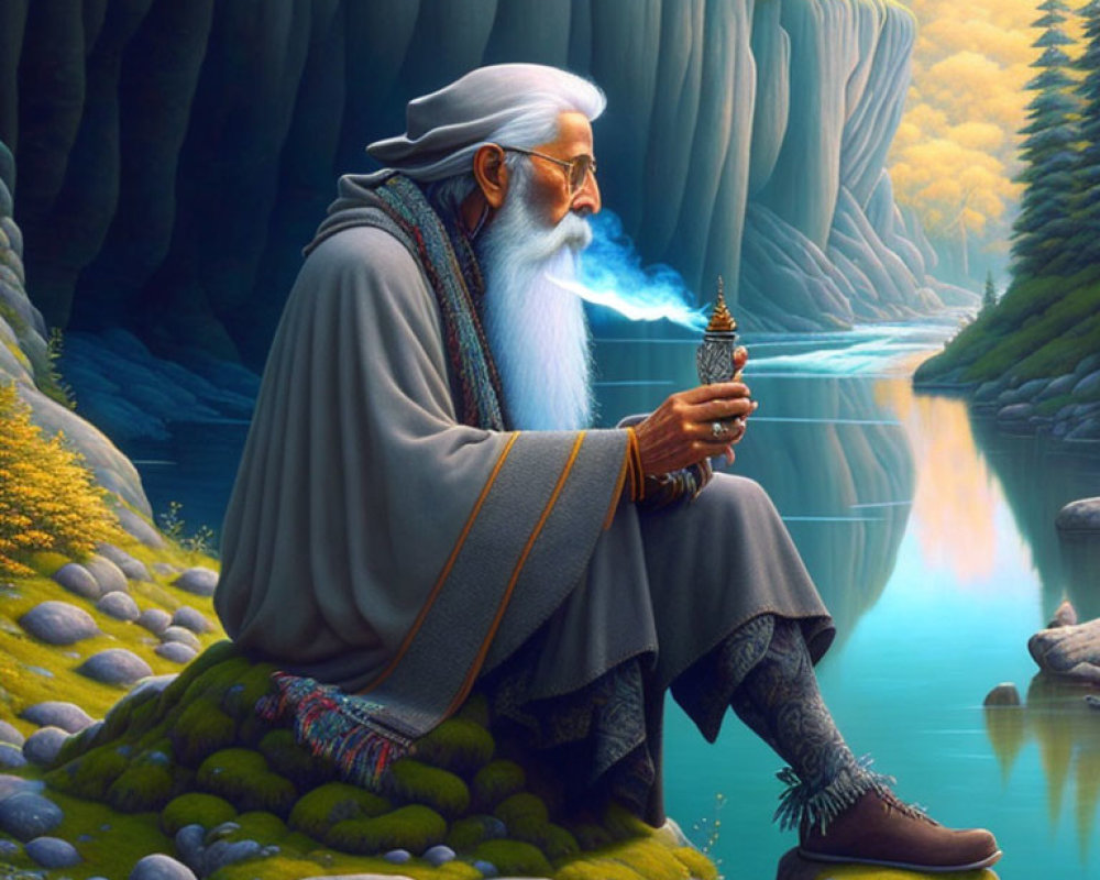 Elderly wizard by serene river in fantastical landscape