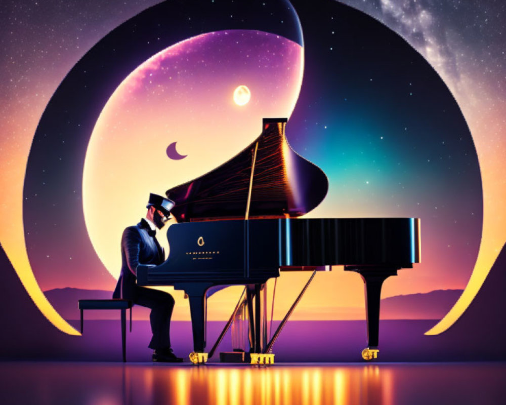 Person in hat playing grand piano under crescent moon in cosmic sunset scene
