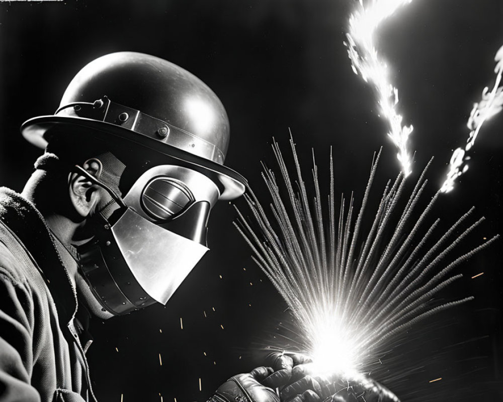 Welder in protective gear creating intense sparks while welding metal