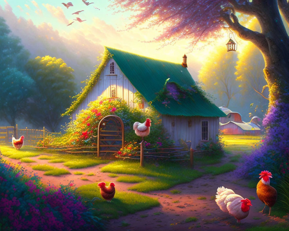 Tranquil sunset countryside with barn, greenery, flowers, chickens & warm light
