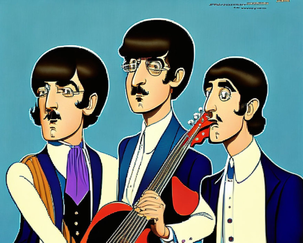 Exaggerated Beatles illustration on blue background with red guitar