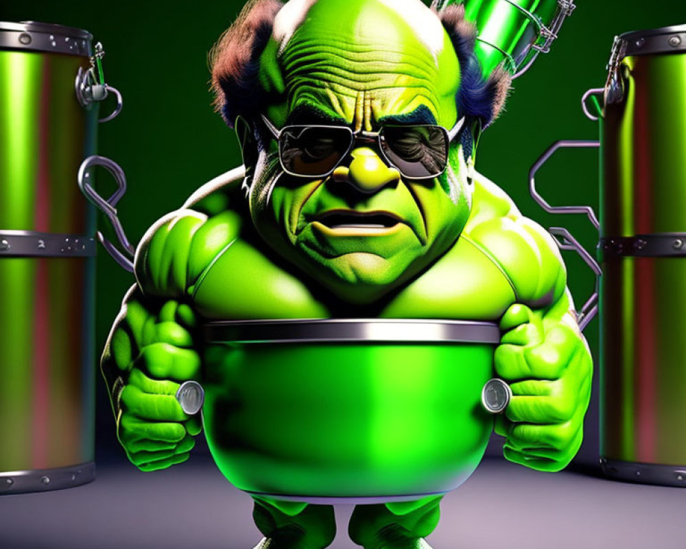 Muscular green animated character with pot, angry expression, chef-like.