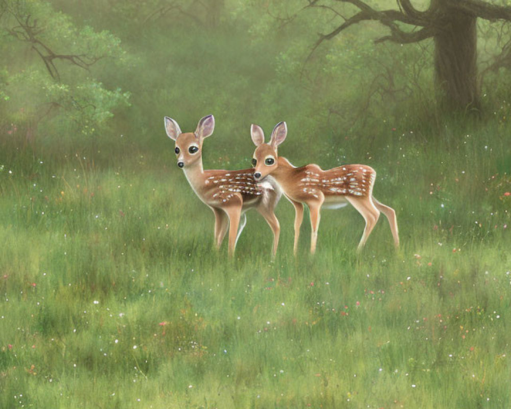 Two fawns in sunlit forest clearing with flowers and grass