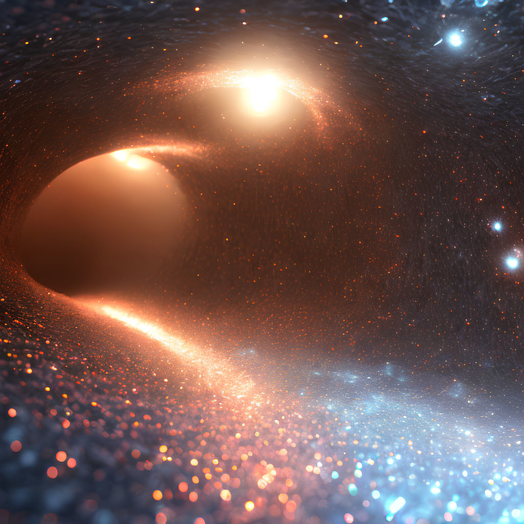 Glowing celestial bodies in cosmic tunnel scene