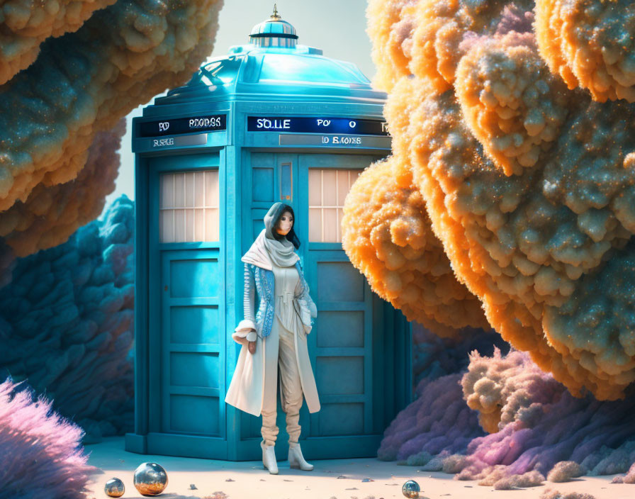 Person in White and Blue Attire by Blue Police Box in Surreal Landscape