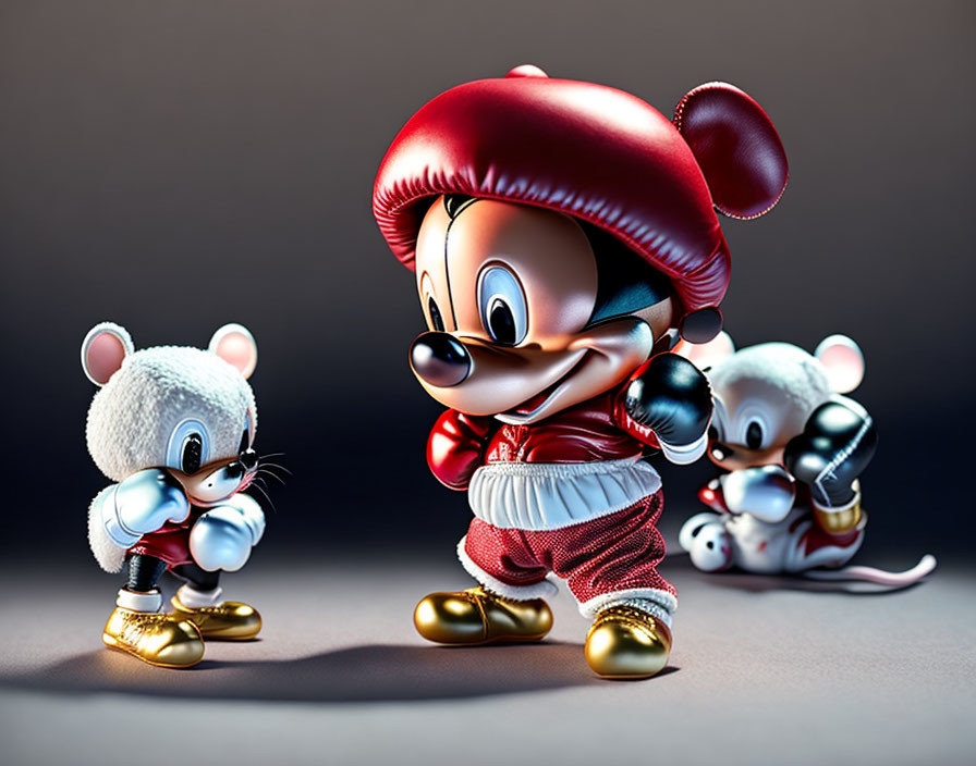 Three stylized cartoon mice in shiny outfits posing confidently on a dark background