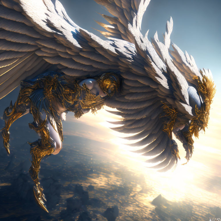 Golden-armored creature soaring above clouds at sunset