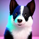 Detailed Digital Art: Black and White Border Collie Puppy with Blue Eyes on Pink and Blue Background