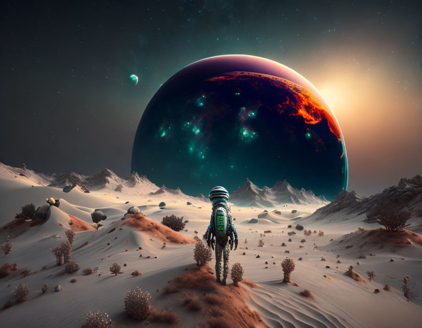 Astronaut viewing alien planet and moon in desert landscape