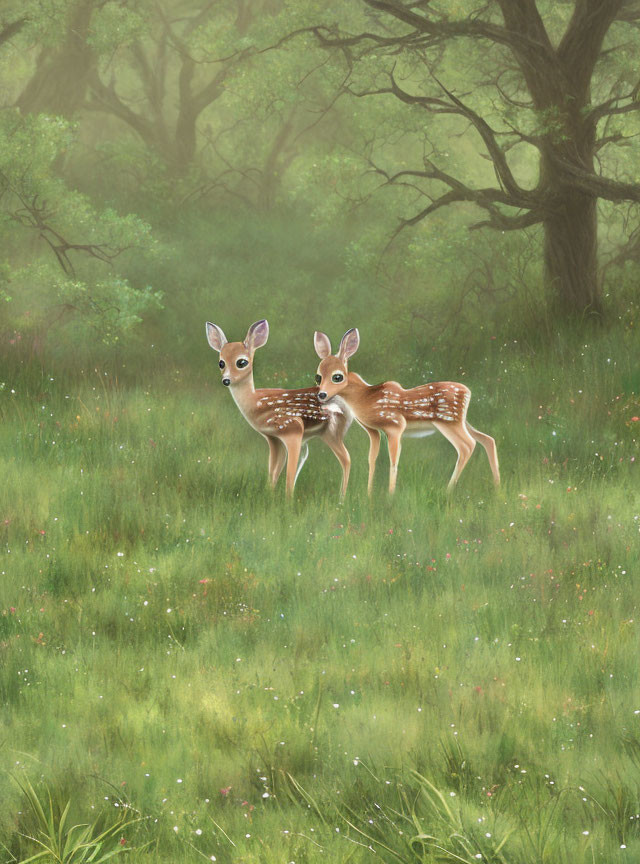 Two fawns in sunlit forest clearing with flowers and grass