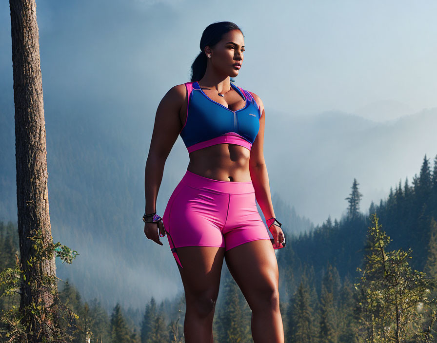 Confident Woman in Sportswear in Forest with Misty Mountains